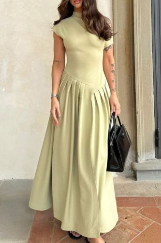 Casual Half A Turtleneck Short Sleeves Ruched Casual Half A Turtleneck Short Sleeves Ruched Vacation Long Pleated Maxi DresseLong Pleated Midi Dresses