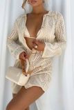 Knit Casual Turndown Collar Long Sleeves Hollow Out Buttons Cardigan Vacation Mini Dress