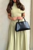 Casual Half A Turtleneck Short Sleeves Ruched Casual Half A Turtleneck Short Sleeves Ruched Vacation Long Pleated Maxi DresseLong Pleated Midi Dresses