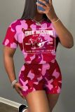 Casual Camouflage Print Basic O Neck Short Sleeve Two Pieces