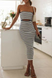 Sexy Striped Print Backless Strapless Sleeveless Hollow Out Vacation Tube Bodycon Midi Dresses