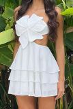Flower Shape Backless Sleeveless Lace Up Cut Out Ruffle Tiered Hem Cake Skirt Party Halter Mini Dresses