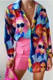 Casual Figure Print Polo Collar Twist Knotted Long Sleeve Shirt and Matching Pants Vacation Skinny Two Piece Pants Set