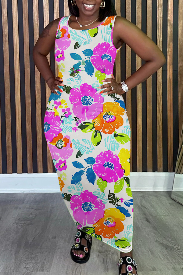 Casual Floral Print U Neck Sleeveless Long Loose Plus Size Bodycon Tank Maxi Dresses