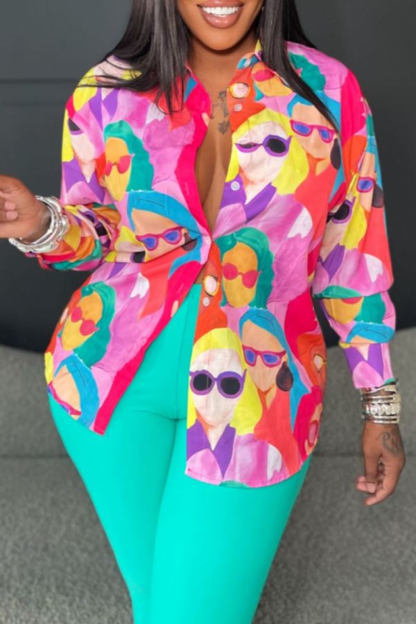 Casual Figure Print Polo Collar Twist Knotted Long Sleeve Shirt and Matching Pants Vacation Skinny Two Piece Pants Set
