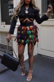 Casual Rainbow Color High Waist Night Club Feathers Decor One Step Party Mini Skirts