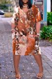 Casual Pattern Print V Neck Short Sleeve Loose Pockets Midi T-shirts Dress