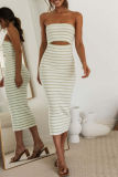 Sexy Striped Print Backless Strapless Sleeveless Hollow Out Vacation Tube Bodycon Midi Dresses