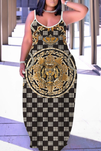 Sexy Pattern Print Backless Spaghetti Strap Loose Floor Length Long Slip Maxi Dresses