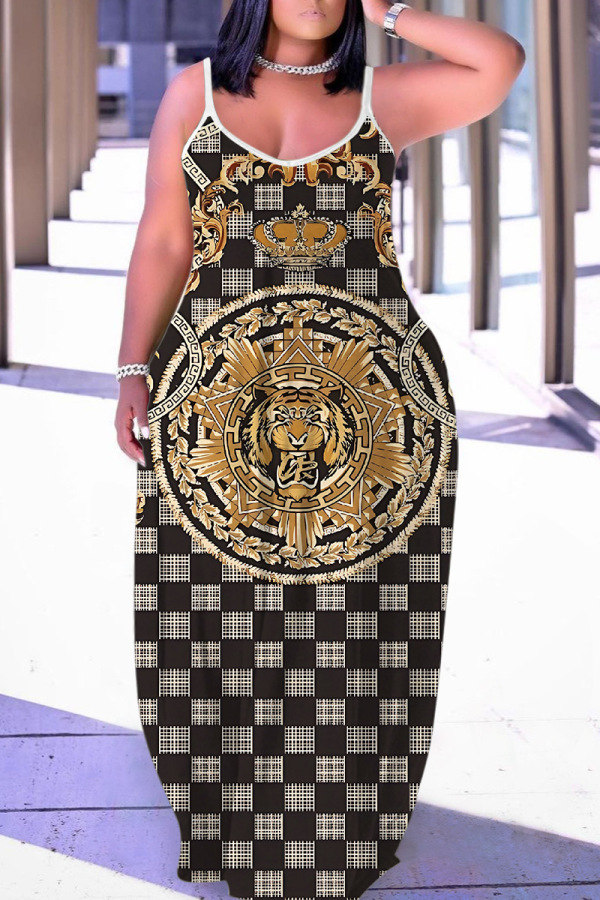 Sexy Pattern Print Backless Spaghetti Strap Loose Floor Length Long Slip Maxi Dresses
