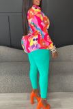 Casual Figure Print Polo Collar Twist Knotted Long Sleeve Shirt and Matching Pants Vacation Skinny Two Piece Pants Set