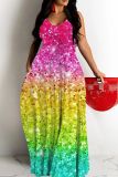 Casual Ombre Rainbow Backless Sleeveless Sequins Spaghetti Strap Long Loose Vacation Cami Shimmer Maxi Dresses