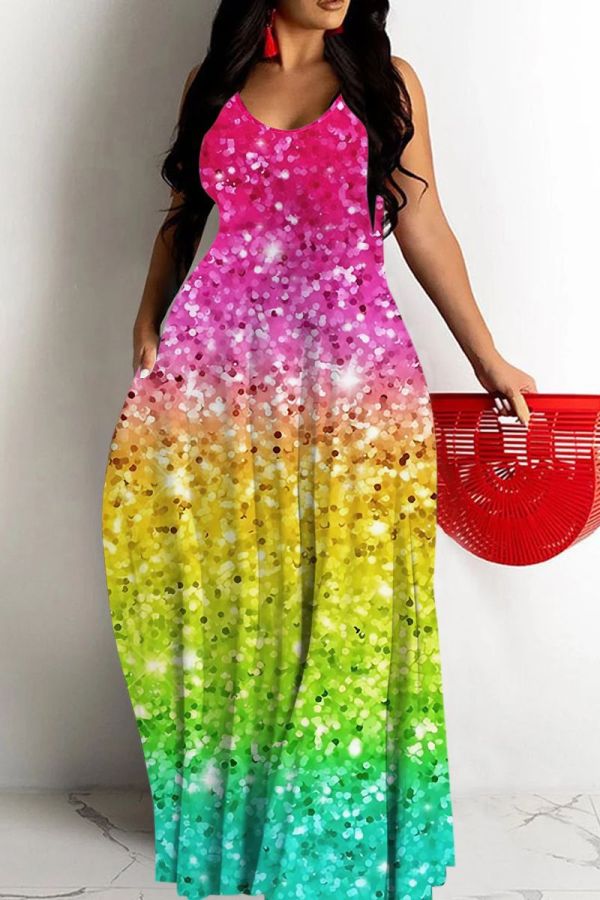 Casual Ombre Rainbow Backless Sleeveless Sequins Spaghetti Strap Long Loose Vacation Cami Shimmer Maxi Dresses