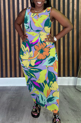 Casual Floral Print O Neck Sleeveless Long Loose Vacation Bodycon Tank Midi Dress