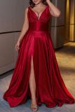 Sexy Formal Prom Backless V Neck Front Slit Cinch Waist Evening Plus Size Maxi Dresses