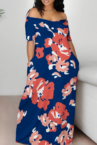 Casual Floral Print Off Shoulder Short Sleeves Pocket Loose Floor Length Long Maxi Dresses