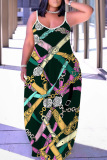 Sexy Pattern Print Backless Spaghetti Strap Loose Floor Length Long Slip Maxi Dresses