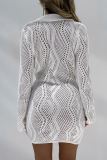 Knit Casual Turndown Collar Long Sleeves Hollow Out Buttons Cardigan Vacation Mini Dress