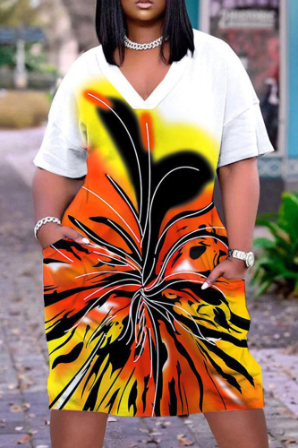 Casual African Graphic Print V Neck Short Sleeve Loose Plus Size Vacation T Shirt Midi Dress