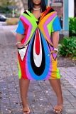 Casual African Graphic Print V Neck Short Sleeve Loose Plus Size Vacation T Shirt Midi Dress