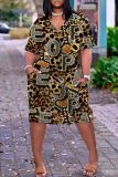 Casual Pattern Print V Neck Short Sleeve Loose Pockets Midi T-shirts Dress
