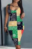 Casual Pattern Print U Neck Sleeveless Vest Bodycon Midi Tank Dresses