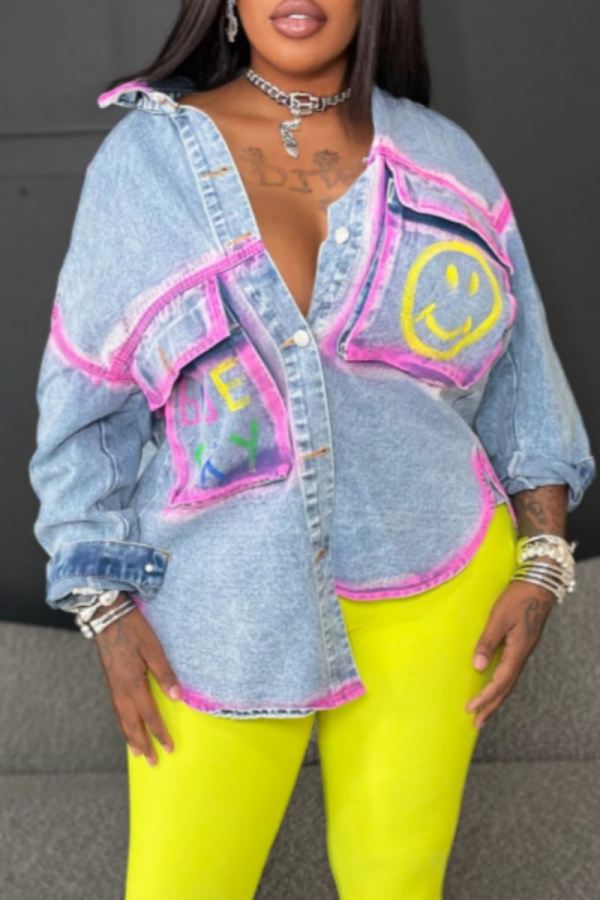 Casual Smiley Face Print Turndown Collar Long Sleeve Pockets Denim Jacket (Subject To The Actual Object)