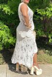 Knit Casual O Neck Sleeveless Cut Out Irregular Hem See-Through Tank Tops And Midi Skirts Two Pieces Dress Sets