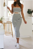 Sexy Striped Print Backless Strapless Sleeveless Hollow Out Vacation Tube Bodycon Midi Dresses