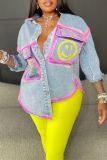 Casual Smiley Face Print Turndown Collar Long Sleeve Pockets Denim Jacket (Subject To The Actual Object)