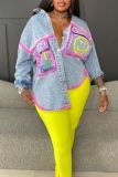 Casual Smiley Face Print Turndown Collar Long Sleeve Pockets Denim Jacket (Subject To The Actual Object)