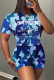 Casual Camouflage Print Basic O Neck Short Sleeve Two Pieces