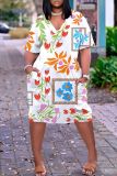 Casual Graphics Print Basic V Neck Short Sleeve Pockets Loose Midi T-shirt Dress