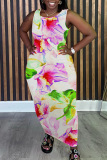 Casual Floral Print O Neck Sleeveless Long Loose Vacation Bodycon Tank Midi Dress