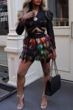 Casual Rainbow Color High Waist Night Club Feathers Decor One Step Party Mini Skirts