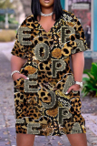 Casual Pattern Print V Neck Short Sleeve Loose Pockets Midi T-shirts Dress