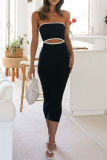 Sexy Striped Print Backless Strapless Sleeveless Hollow Out Vacation Tube Bodycon Midi Dresses