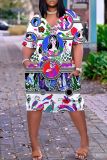 Casual African Graphic Print V Neck Short Sleeve Loose Plus Size Vacation T Shirt Midi Dress