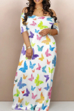 African Casual Butterfly Print Short Sleeve Off Shoulder Long Loose Vacation Maxi Dresses