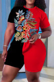 Casual Floral Print O Neck Short Sleeve T Shirt and Shorts Set Sportwear Plus Size Two Piece Matching Set