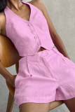 Street Backless Sleeveless Buttons Halter Crop Tops And Shorts Two Pieces Shorts Sets