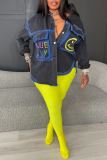 Casual Smiley Face Print Turndown Collar Long Sleeve Pockets Denim Jacket (Subject To The Actual Object)