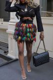 Casual Rainbow Color High Waist Night Club Feathers Decor One Step Party Mini Skirts