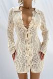 Knit Casual Turndown Collar Long Sleeves Hollow Out Buttons Cardigan Vacation Mini Dress