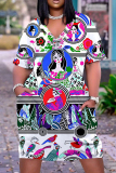 Casual African Graphic Print V Neck Short Sleeve Loose Plus Size Vacation T Shirt Midi Dress