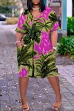 Casual Pattern Print V Neck Short Sleeve Loose Pockets Midi T-shirts Dress