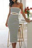 Sexy Striped Print Backless Strapless Sleeveless Hollow Out Vacation Tube Bodycon Midi Dresses
