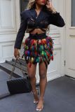 Casual Rainbow Color High Waist Night Club Feathers Decor One Step Party Mini Skirts
