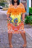 Casual Graphics Print Basic V Neck Short Sleeve Pockets Loose Midi T-shirt Dress