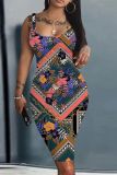 Casual Pattern Print U Neck Sleeveless Vest Bodycon Midi Tank Dresses